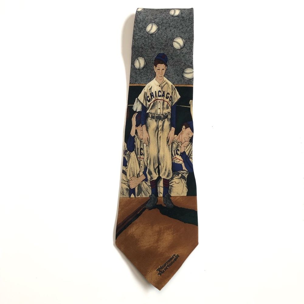 Vintage Norman Rockwell Tie Chicago Baseball Silk Art to Wear Black Grey Brown